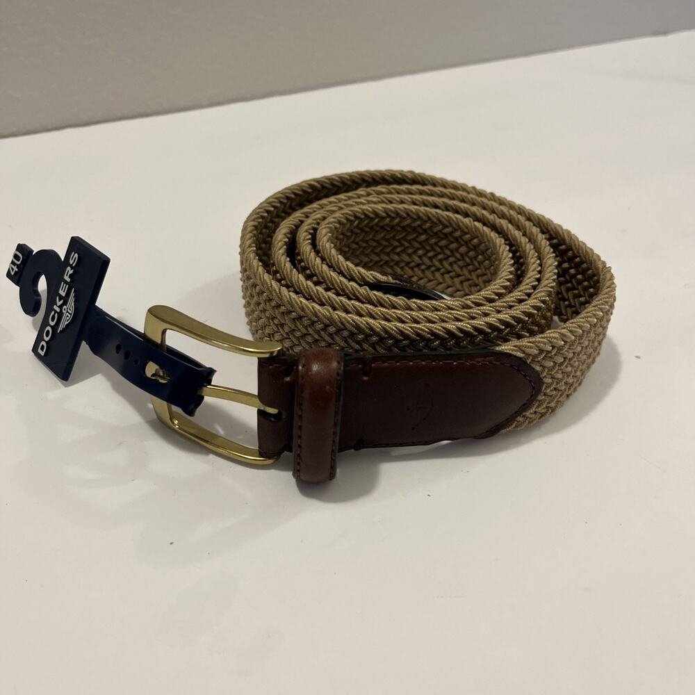 Docker Men Woven Belt 40 Expandable Braid Stretch Khaki Genuine Leather Trim NWT